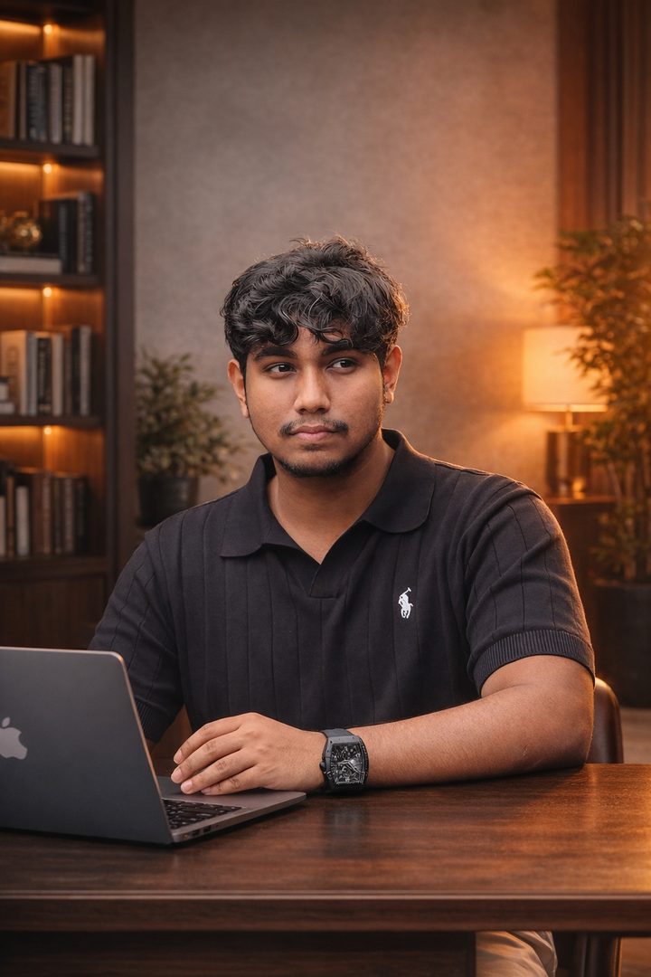 Tanim S. Shihab, freelance video editor and motion designer, at his editing desk
